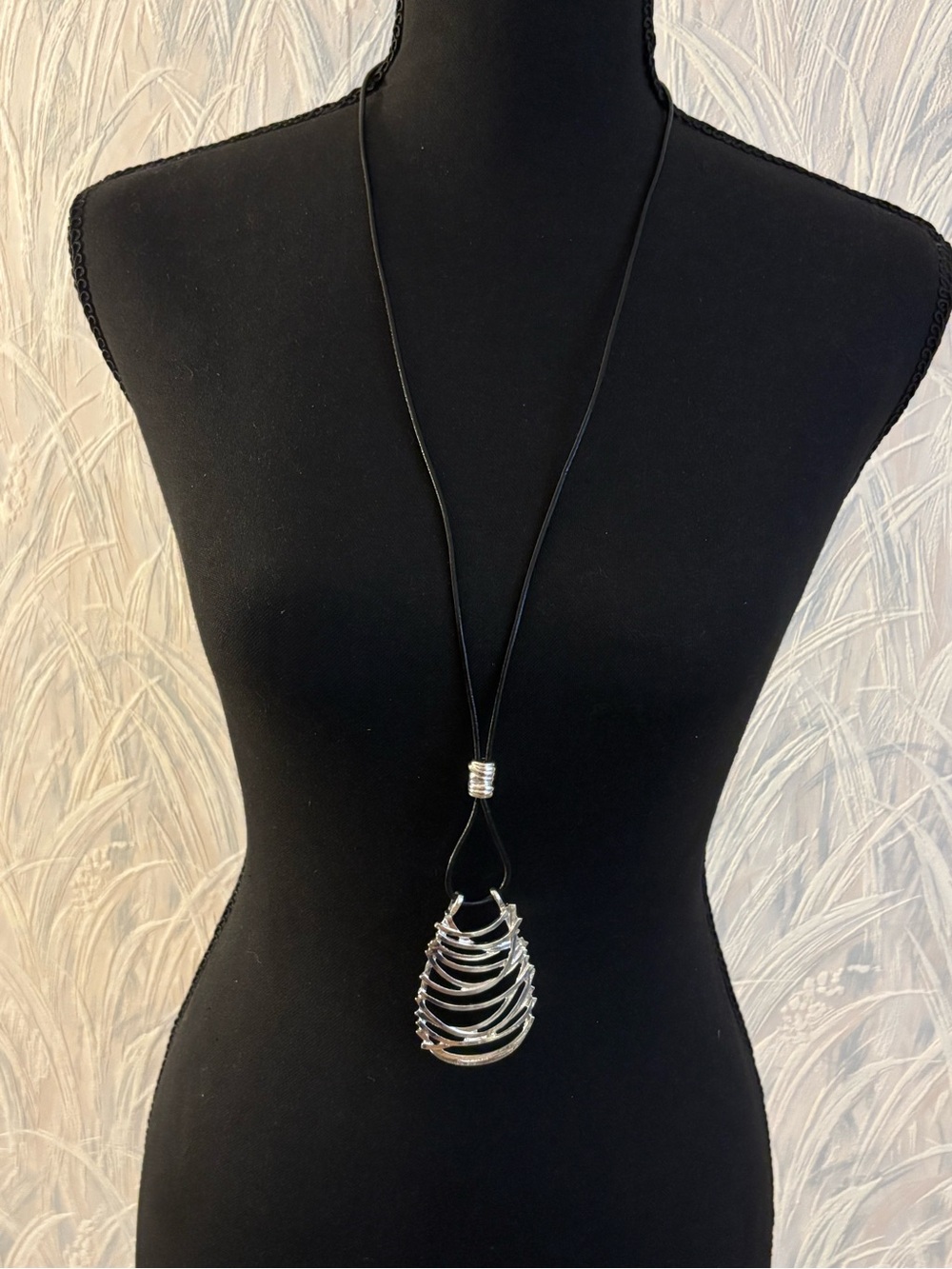 C1946 Silver Pendant Necklace with Black Cord 30”+2.5”